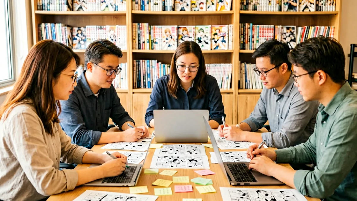 JMComic内容编辑团队在办公区讨论漫画内容审核流程，桌上摆放着多本漫画原稿和编辑笔记，背景是整齐排列的书架