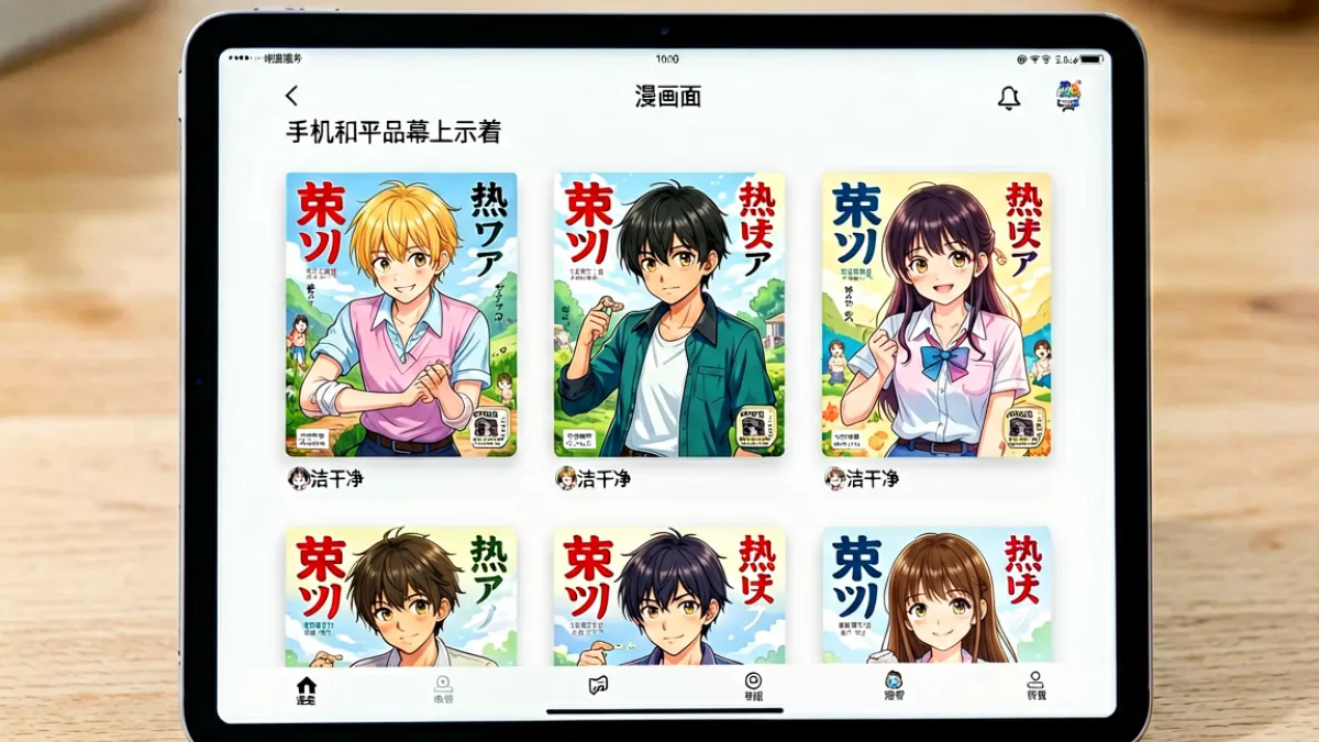 手机和平板屏幕上展示着多本热门日韩漫画封面，阅读界面简洁干净，用户可以直观看到平台丰富的作品分类和高清画质